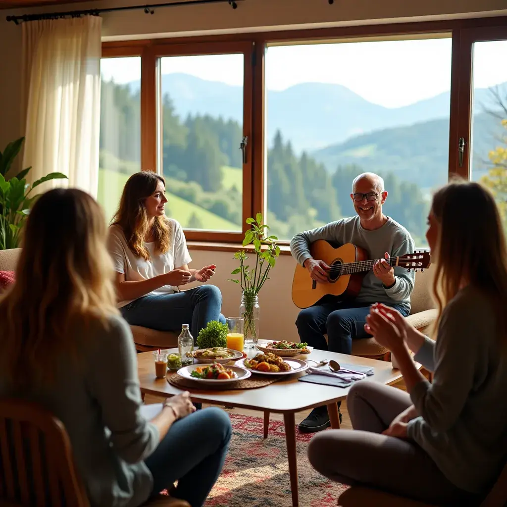 Skupina ljudi meditira ob reki v naravi